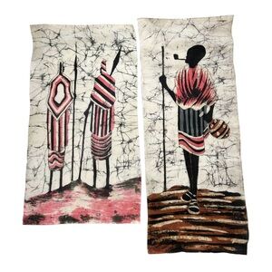 Set of two African Maasai Tribal Art Batik Paintings on Fabric